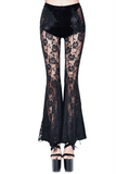 Damen-Schlaghose aus schwarzem Samt mit Spitze und Stickerei / elegante Gothic-Hose mit hoher elastischer Taille