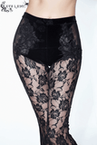 Damen-Schlaghose aus schwarzem Samt mit Spitze und Stickerei / elegante Gothic-Hose mit hoher elastischer Taille