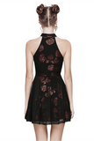 Velvet Goth Dress with Rose Print and Buckle Accents