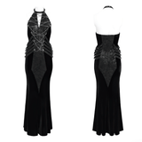 Velvet Gothic Maxi Dress with Chains and Halter Neck