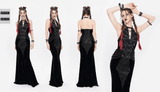 Velvet Gothic Maxi Dress with Chains and Halter Neck