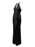 Velvet Gothic Maxi Dress with Chains and Halter Neck