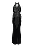 Velvet Gothic Maxi Dress with Chains and Halter Neck