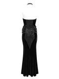 Velvet Gothic Maxi Dress with Chains and Halter Neck