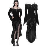 Velvet Gothic Maxi Dress with Lace and Ruffled Shoulders