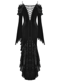 Velvet Gothic Maxi Dress with Lace and Ruffled Shoulders