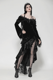 Velvet Gothic Maxi Dress with Lace and Ruffled Shoulders