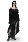 Velvet Gothic Maxi Dress with Lace and Ruffled Shoulders