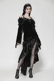 Velvet Gothic Maxi Dress with Lace and Ruffled Shoulders
