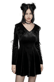 Charming black velvet lace-up dress with Gothic appliqué, flared sleeves, and playful heart-shaped hollow collar.