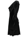 Elegant black velvet lace-up gothic dress with intricate applique and flared sleeves. Perfect for a charming gothic look.