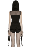 Women's Black Mesh Hooded Cutout Sleeveless Top