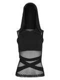 Women's Black Mesh Hooded Cutout Sleeveless Top