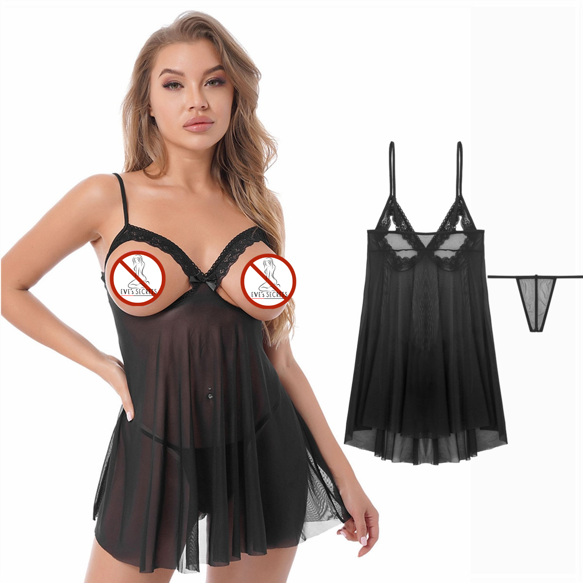 Women's Erotic Sleepwear / Sexy Nightwear with Open Cup / Mesh Lingerie with G-string - EVE's SECRETS