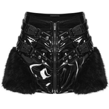 Women's Gothic Shiny Leather Faux Fur Punk Mini Skirt