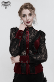 Women's Gothic Wine Red Velvet Blouse with Lace Puff Sleeves