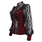 Women's Gothic Wine Red Velvet Blouse with Lace Puff Sleeves