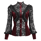 Women's Gothic Wine Red Velvet Blouse with Lace Puff Sleeves