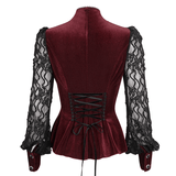 Women's Gothic Wine Red Velvet Blouse with Lace Puff Sleeves