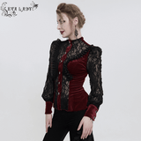 Women's Gothic Wine Red Velvet Blouse with Lace Puff Sleeves