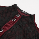 Women's Gothic Wine Red Velvet Blouse with Lace Puff Sleeves