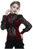 Women's Gothic Wine Red Velvet Blouse with Lace Puff Sleeves