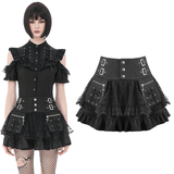Women's Lace Mini Skirt with Buckled Waist and Cross Zippers