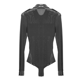 Transparenter Mesh-Stretch-Body für Damen / weiblicher schwarzer Langarm-Jumpsuit im Punk-Stil