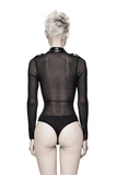 Body extensible en maille transparente pour femmes / Combinaison noire à manches longues pour femme de style punk