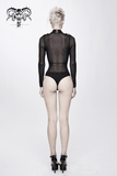 Body extensible en maille transparente pour femmes / Combinaison noire à manches longues pour femme de style punk