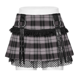 Women's Plaid Mini Skirt with Fishnet Layered Panel