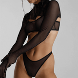 Women's Sensual Set of Black Sheer Cut-Out Lingerie / Crop Top with Gloves / Sexy Outfits - EVE's SECRETS