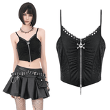 Women's Skull Ruched Zip Crop Cami Top in Gothic Style