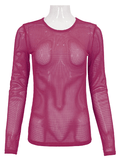 Modisches rosa transparentes Langarm-Mesh-Top für Damen / fluoreszierende, weiche, dehnbare Tops