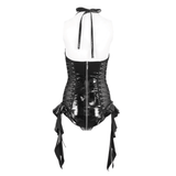 Zip-Front Bodysuit in Sleek Black Vinyl with Lace-Up Detail