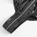 Zip-Front Bodysuit in Sleek Black Vinyl with Lace-Up Detail