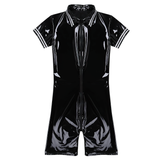 Men's Shiny Body Latex Zipper Clubwear / Sexy Open Crotch Wetlook Romper Bodysuit - EVE's SECRETS