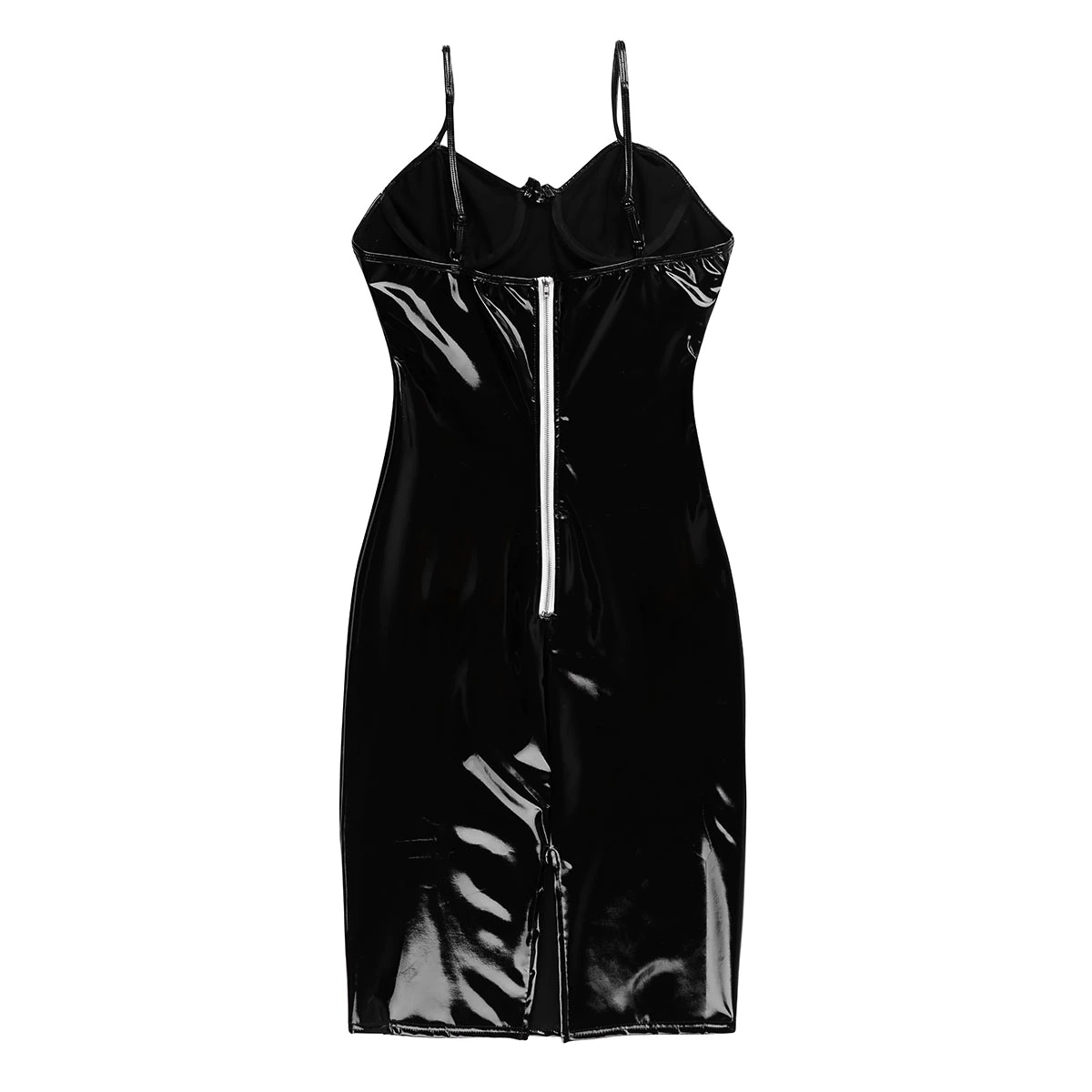 Adjustable Spaghetti Shoulder Straps Party Bodycon Dress / Wetlook Faux Leather Dress with G-String - EVE's SECRETS