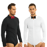 Modernes Slim-Fit-Tanzbekleidungs-/Bodysuit-Shirt für erwachsene Herren mit Fliege, Umlegekragen und Reißverschluss vorne 