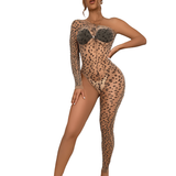 Asymmetrischer Damen-Bodystocking / Sexy Damen-Dessous / Erotische Leoparden-Kleidung 