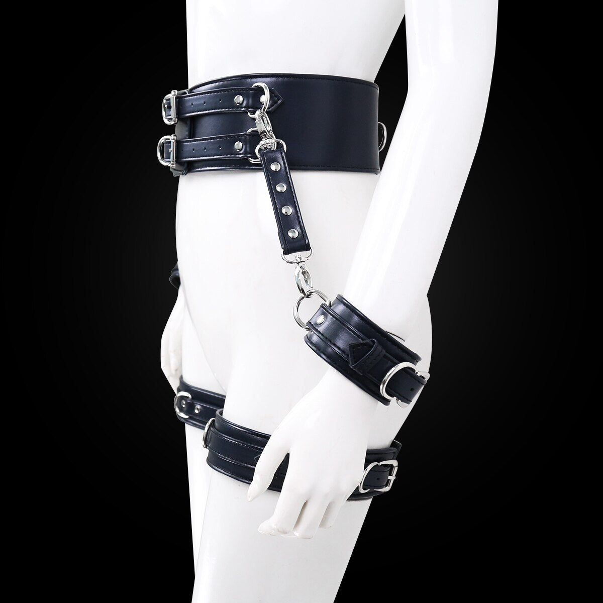 BDSM PU Leather Bondage Set / Handcuffs and Legcuffs with Center Connection and Belt - EVE's SECRETS