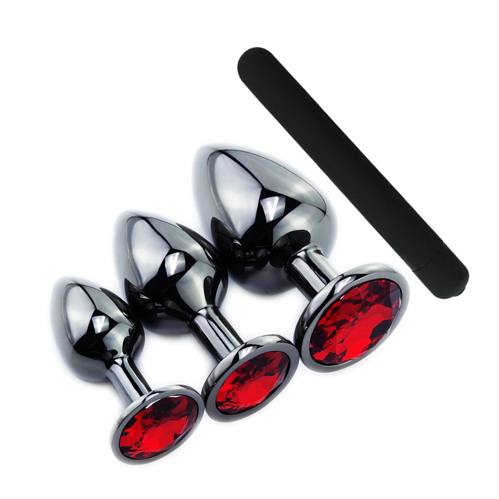 Black Gun Metal Round Red Crystal Huge Anal Plug / Prostate Massage for Men and Women - EVE's SECRETS