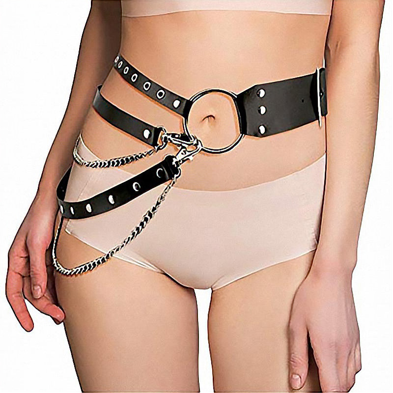 Black Leather Belt with Chain Strap and Metal Ring / Women Accessories in Fetish Fashion - EVE's SECRETS