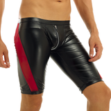 Schwarze Herren-Shorts aus exotischem Kunstleder mit schmaler Passform / sexy kurze Hose mit niedrigem Bund und Reißverschluss im Schritt 