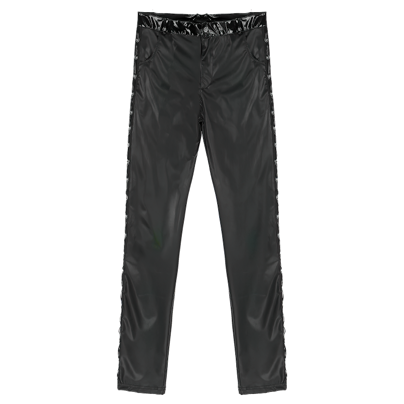 Black Men's Low Waist PU Leather Shiny Pants / Fashion Tight Stage Show Performance Trousers - EVE's SECRETS