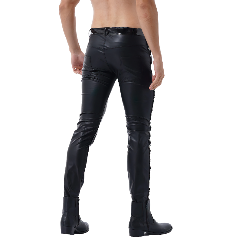 Black Men's Low Waist PU Leather Shiny Pants / Fashion Tight Stage Show Performance Trousers - EVE's SECRETS