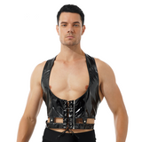 Black Men's Patent Leather Wet Look Tank Tops / Hollow Out Lace Up Backless Crop Tops