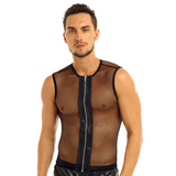 Schwarzes, sexy, durchsichtiges Netz-T-Shirt für Herren / ärmelloses Muskeloberteil mit Rundhalsausschnitt und Reißverschluss 