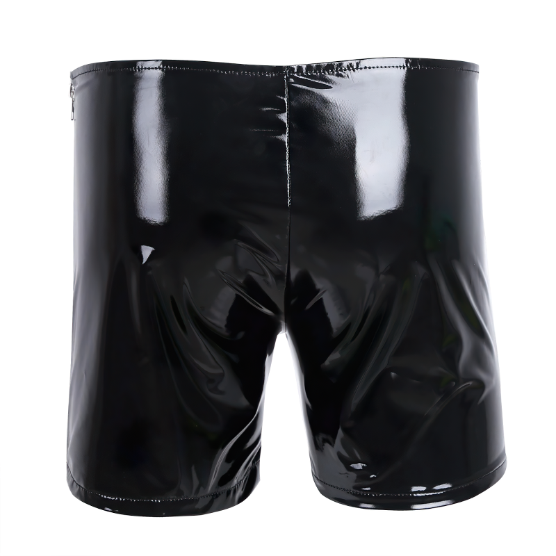 Black Shiny Glossy Patent Leather Boxer Shorts / Low Rise Elastic Slim Fit Zipper Shorts - EVE's SECRETS