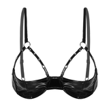 Black Shiny Underwire Bra with Open Cups / Sexy Patent Leather Lingerie with Rivets